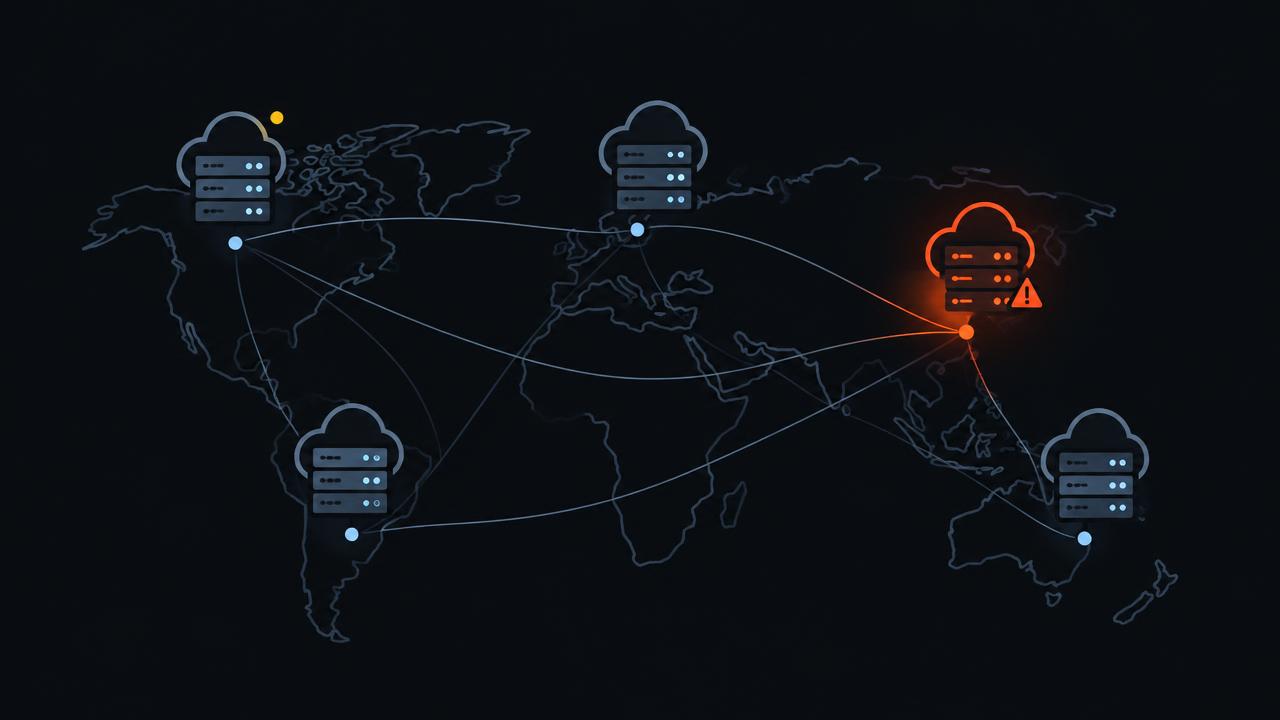Illustration of cloud regions on a world map with one region in trouble