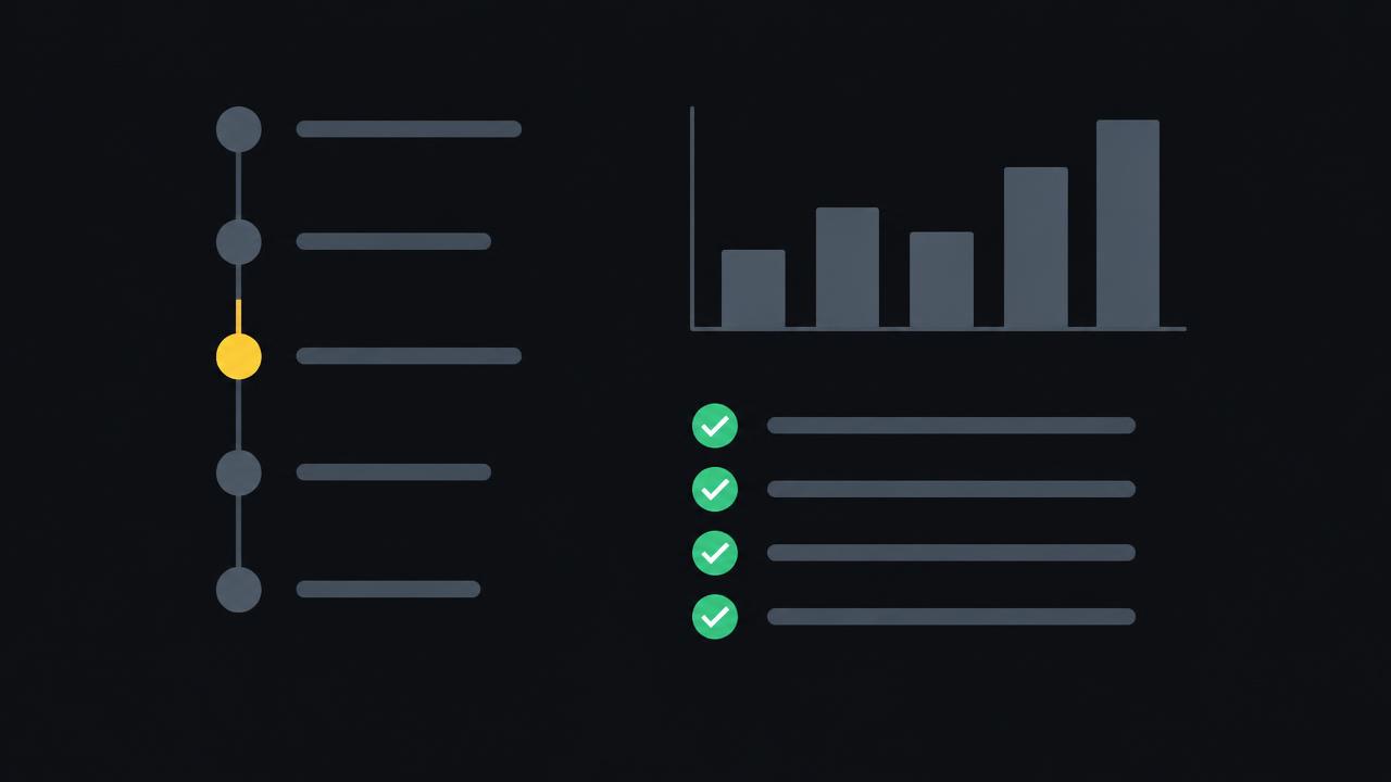 Illustration of an incident timeline, a bar chart and a checklist
