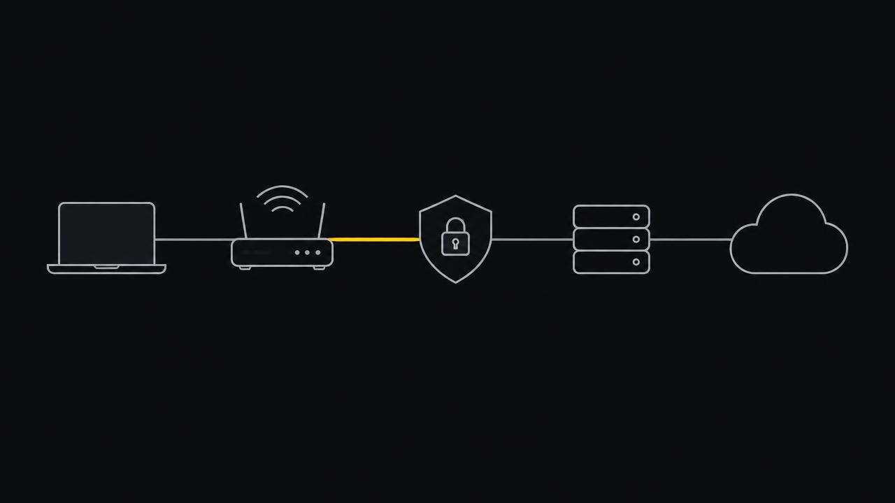 Illustration of a laptop connecting through a router, VPN and DNS server to the cloud