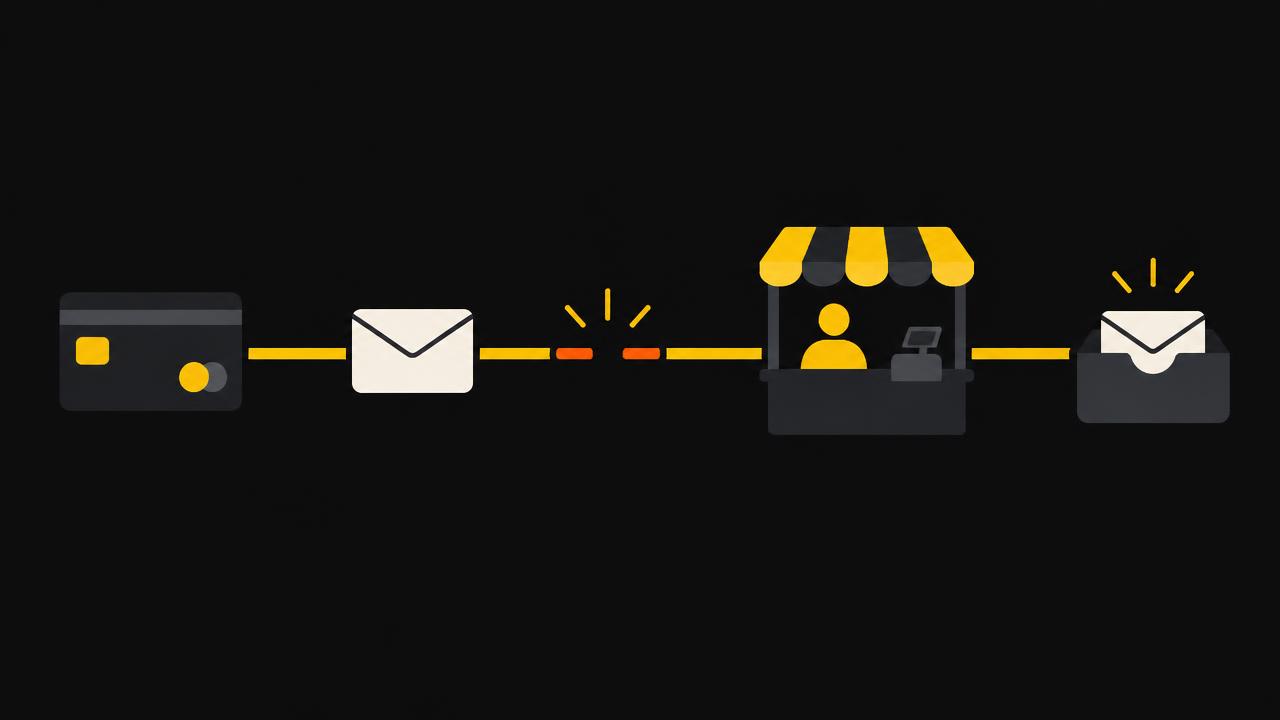 Illustration of a payment card and an email moving toward a shop and an inbox, with an interruption