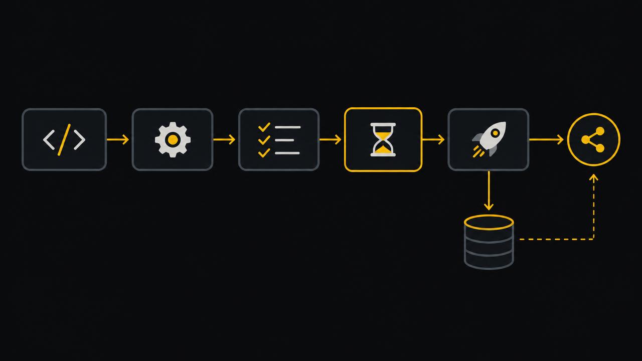 Illustration of a software pipeline with one paused step and a database